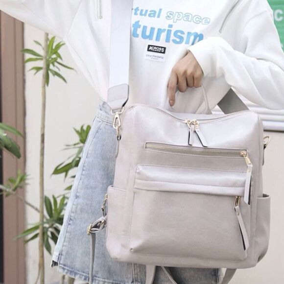 Brand New Grey Leather Backpack With Adjustable Shoulder Tote Strap